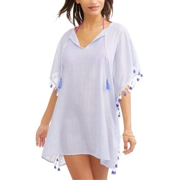 Time and Tru Swim Coverup Kimono Blue White Stripe Tassels Swim Resortwear Large - Picture 2 of 10